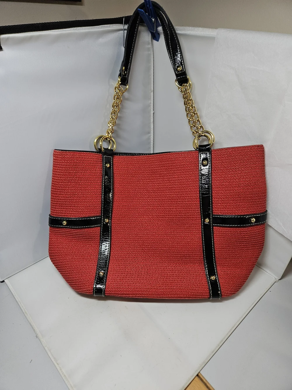 Red Woven Straw Tote Bag with Black Patent Trim and Gold Chain Handles